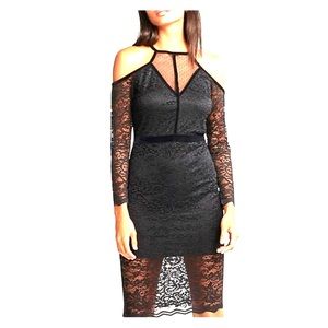 Lace Velvet Piped Cold Shoulder Sheath Dress